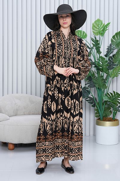 AYASOFYA OTANTIK Women's Black - Stone Colored Ethnic Print Ankle Elastic Balloon Sleeve Long Dress