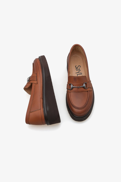 SAYL Genuine Leather Tan Loafer - Women's Casual Shoes with Wedge Heel and Buckle Detail