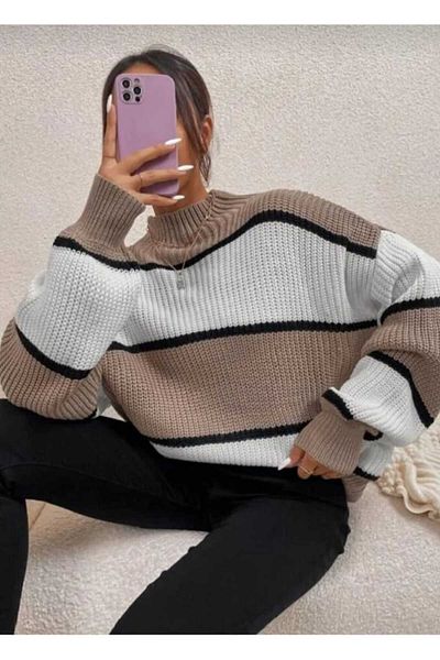 MODASPARK Brown and White Striped Half Fisherman Women's Oversize Sweater