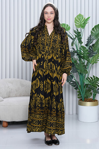 AYASOFYA OTANTIK Women's Khaki Black Colored Ethnic Print Ankles Elastic Balloon Sleeve Long Dress