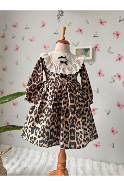 BabyMoon Leopar Desenli Dantel Yaka Detaylı Pamuklu Kız Çocuk Elbise (BEDEN B...