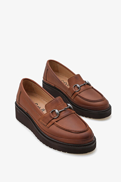 SAYL Genuine Leather Tan Loafer - Women's Casual Shoes with Wedge Heel and Buckle Detail