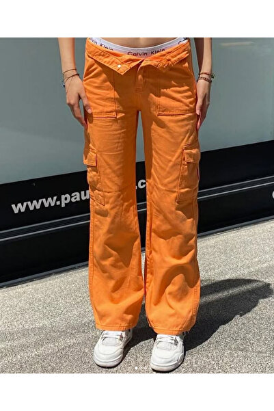 KOTOLOG Жіночі баггі широкі штани з прямим кроєм, помаранчеві, з кишенями, широкими штанинами