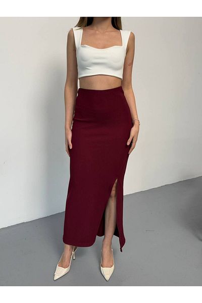 İLKCET MODA Fustă lungă cu fante din material otoman