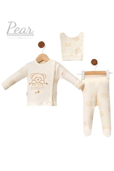 Pear Wear Teddy Bear Patterned 3-Piece Hospital Release 100% Cotton Organic Baby Set