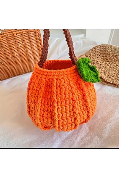 Kadın Girişimciler Atölyesi Balkabağı Motifli 3D Amigurumi Handmade Örgü  % 100 Cotton Trend Çanta