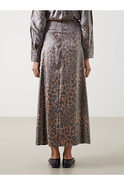 LC Waikiki LCW Modest Beli Fermuarlı Leopar Desenli Saten Kadın Etek