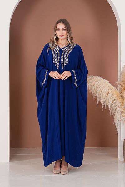 AYASOFYA OTANTIK Rochie de damă, albastru bleumarin, cu decolteu în V, cu broderie, cu detalii supradimensionate