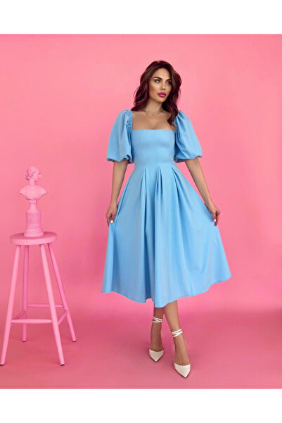 Butik Aura Mou Bebe Mavi Balon Kol Kare Yaka Piliseli Elbise