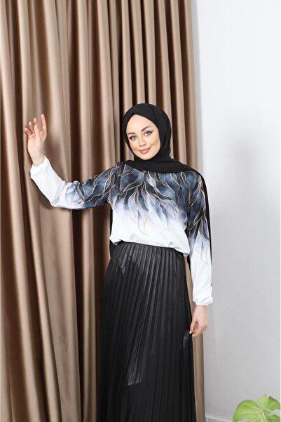 asyadabutik Women's Leaf Detailed Dubai Fabric Blouse Shiny Pleat Skirt Suit