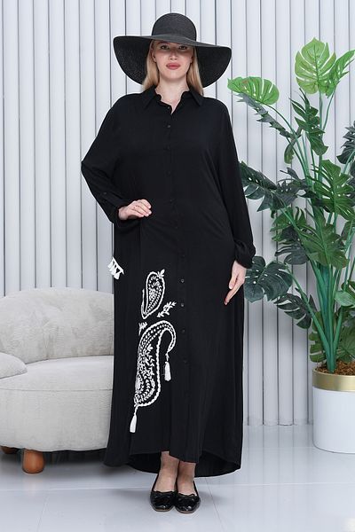 AYASOFYA OTANTIK Women's Black Ethnic Embroidery Detailed Oversize Loose Shirt Dress