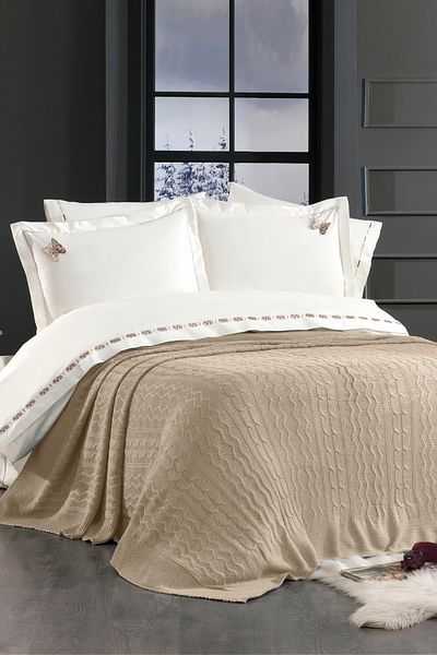 Minelya Home Collection Σετ κρεβατιού διπλό παπιγιόν 7 τεμαχίων από 100% βαμβάκι με κέντημα πεταλούδας 3D και πλεκτή κουβέρτα