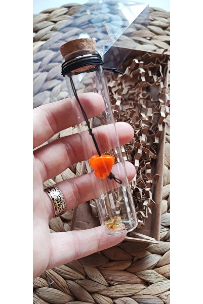 Butenin Atölyesi Sevgiliye özel, turuncu renk murano cam kalp kolye, mantar t...