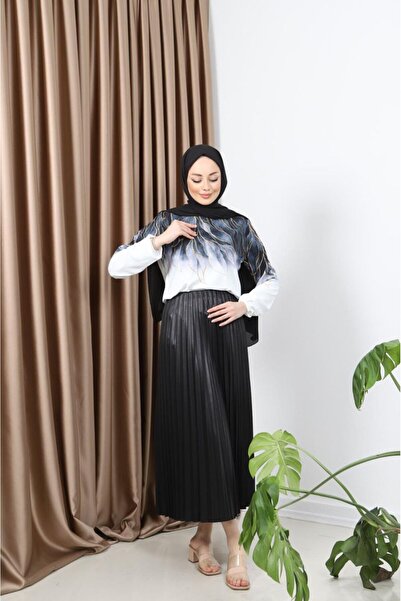 asyadabutik Women's Leaf Detailed Dubai Fabric Blouse Shiny Pleat Skirt Suit