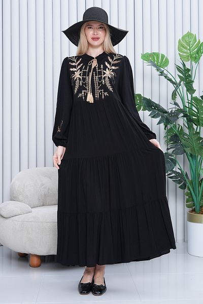 AYASOFYA OTANTIK Women's White Embroidery Detailed Placket Neckline Elastic Long Sleeve Long Dress