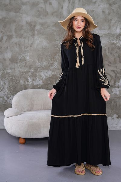 AYASOFYA OTANTIK Women's Black Embroidery Detailed Placket Neckline Elastic Long Sleeve Long Dress