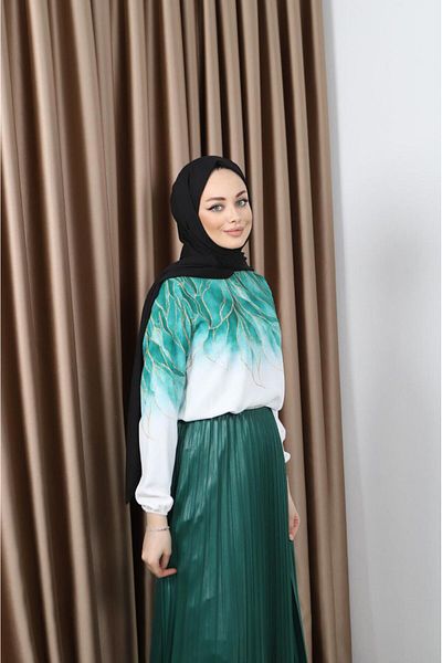 asyadabutik Women's Leaf Detailed Dubai Fabric Blouse Shiny Pleat Skirt Suit