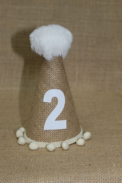 asöy Pălărie de 2 ani - țesătură de iută, pompon crem, pălărie pentru ziua de naștere cu două pălării, țesătură de sac cu pompon