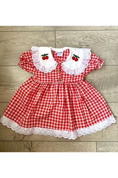 minikiti Red and White Short Sleeve Gingham Dress - Scalloped Skirt, Cherry Embroidery