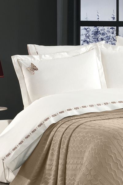 Minelya Home Collection Σετ κρεβατιού διπλό παπιγιόν 7 τεμαχίων από 100% βαμβάκι με κέντημα πεταλούδας 3D και πλεκτή κουβέρτα