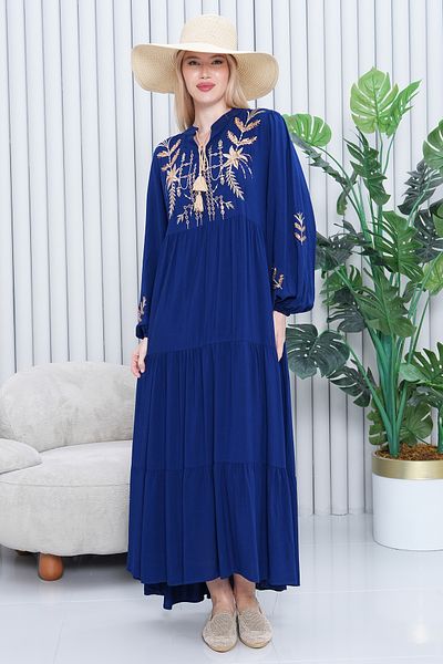 AYASOFYA OTANTIK Women's Navy Blue Embroidery Detailed Placket Neckline Elastic Long Sleeve Long Dress