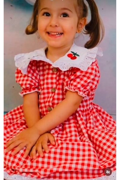 minikiti Red and White Short Sleeve Gingham Dress - Scalloped Skirt, Cherry Embroidery