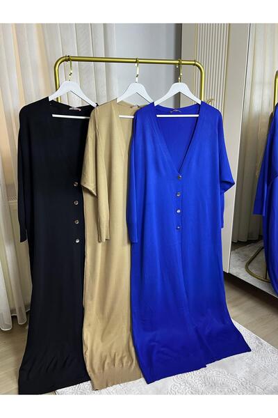 MY CİTY YASEMEN Maxi Boy Düğmeli Merserize Tesettür Hırka -Saks Mavi