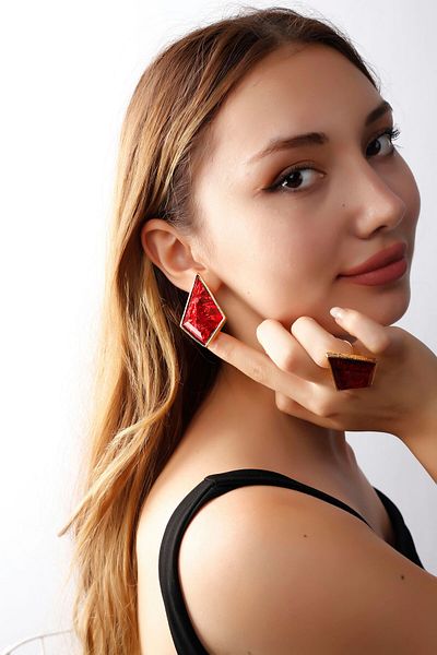 MATYA JEWELERY Matya Gold Color Lacquer Plated Adjustable Red Stone Studded Model Hand Craft Earrings&Rings Set