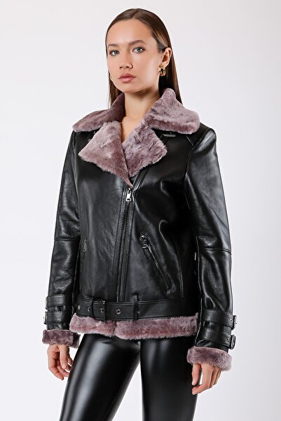 Leather Club Siyah Derin Mor Kürk İçlikli Hakiki Deri Kaban