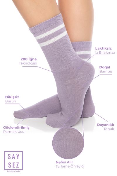 SAYSEZ Bamboo Unisex Premium ριγέ γκρι-ροζ-λιλά κάλτσες τένις 3 πακέτο - χωρίς ραφή