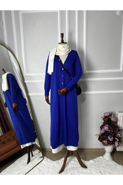 MY CİTY YASEMEN Maxi Boy Düğmeli Merserize Tesettür Hırka -Saks Mavi