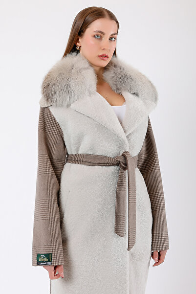 Leather Club Bej Ekoseli Fox Aksesuarlı Hakiki Astragan Kürk Kaban