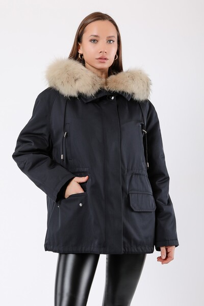 Leather Club Lacivert Fox Kürk Aksesuarlı Rex İçlikli Trench Kaban