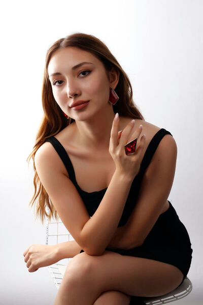 MATYA JEWELERY Matya Gold Color Lacquer Plated Adjustable Red Stone Studded Model Hand Craft Earrings&Rings Set