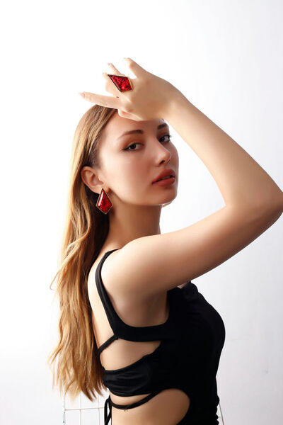 MATYA JEWELERY Matya Gold Color Lacquer Plated Adjustable Red Stone Studded Model Hand Craft Earrings&Rings Set