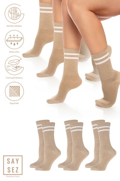 SAYSEZ Premium Beige Mink Bamboo Unisex Tennis ριγέ κάλτσες χωρίς ραφή - Πακέτο 3