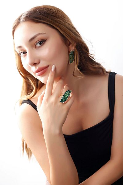 MATYA JEWELERY Gold Colored Matya - Adjustable Green Stone Studded El Model Earrings and Ring Set