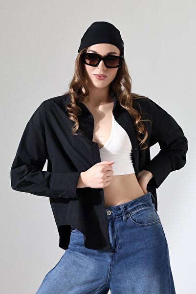 SİA LESS Γυναικείο Πουκάμισο Μαύρο Oversize Relaxed Cut Ποπλίνα Υφασμάτινο Πο...