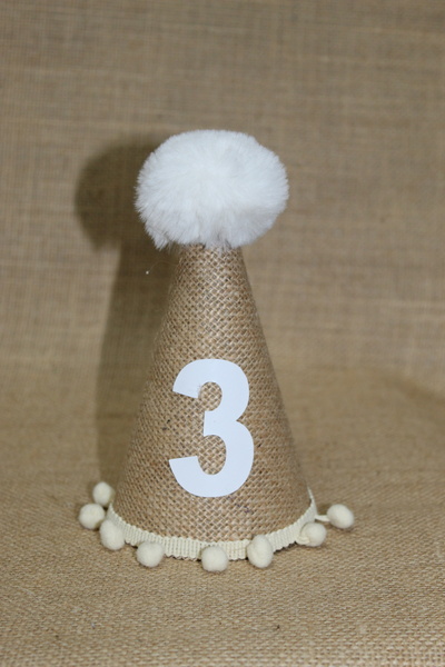 asöy Pălărie de 3 ani - țesătură de iută, pompon crem, pălărie de ziua de naș...