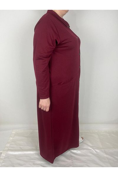 YAŞAR TRİKO Women's Burgundy Button Collar Long Sleeve Double Pocket Long Seasonal Cap