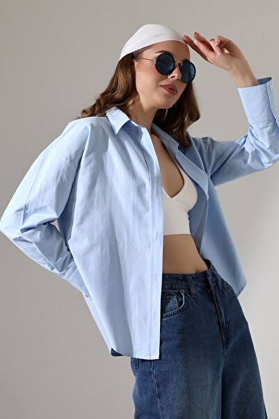 SİA LESS Γυναικείο Πουκάμισο Baby Blue Oversize Relaxed Cut Ποπλίνα Υφασμάτιν...