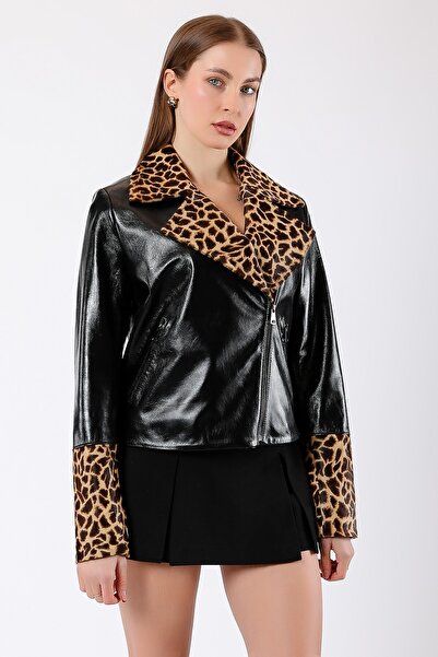Leather Club Siyah Leopar Desenli Kürk Aksesuarlı Hakiki Rugan Deri Kaban