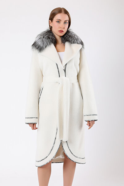 Leather Club Beyaz Kürk Aksesuarlı Deri Garnili Yün Kaban