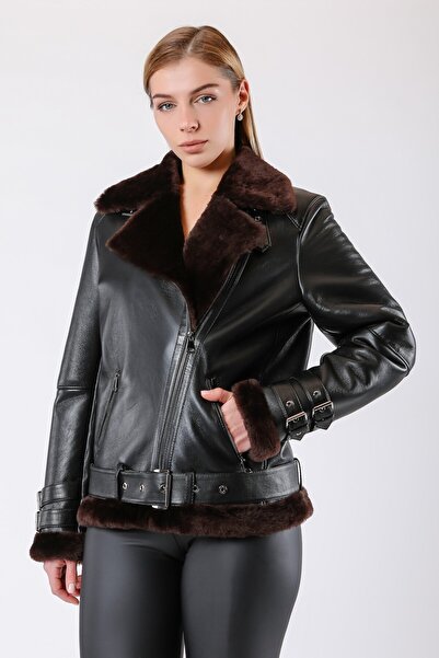 Leather Club Siyah Kahve Kürk İçlikli Hakiki Deri Kaban