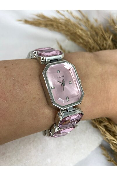 Coliseum Pink Silver Design Women's Wristwatch with Crystal Cutout Stones