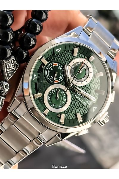 Ferrucci Functions Active, Steel Cord, with Calendar, Silver Color, Green Dial, Men's Wristwatch Bracelet