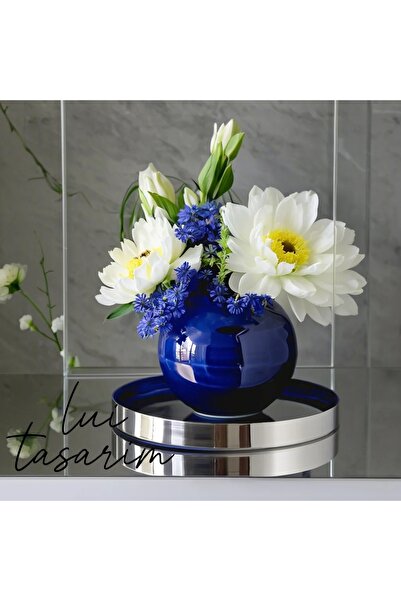 Lui Tasarım Paşabahçe Dekoratif Koyu Mavi Cam Vazo Altın Yaldızlı Fanus Cam Vazo