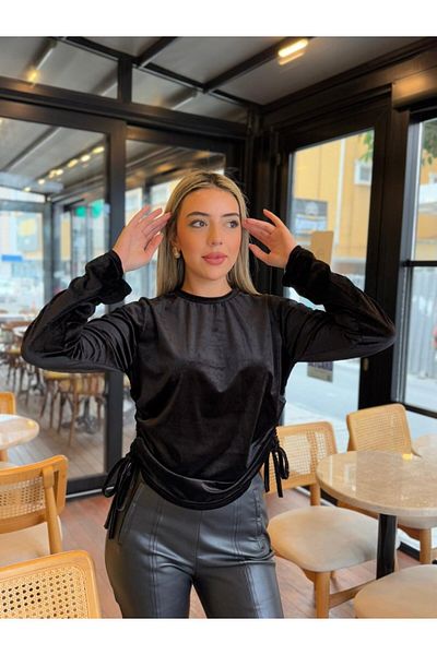 İpeksi Silky Women's Long Sleeve Crew Neck Velvet Blouse with Gathered Sides and Sleeves