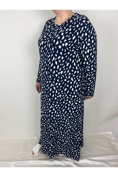YAŞAR TRİKO Women's Navy Blue White Crew Neck Long Sleeve Suede Seasonal Mother Dress