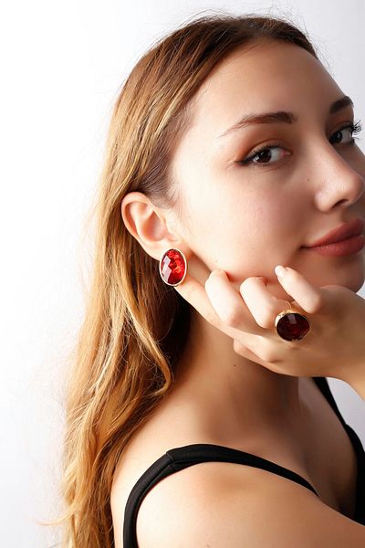 MATYA JEWELERY Matya Gold Color Lacquer Plated Adjustable Red Stone Studded Model Hand Craft Earrings&Rings Set